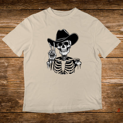 Skeleton wearing a cowboy hat and giving a peace sign.