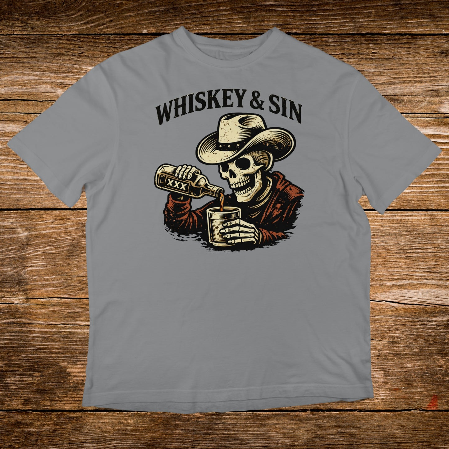Skeleton in cowboy hat pouring whiskey into a glass, text "WHISKEY & SIN".