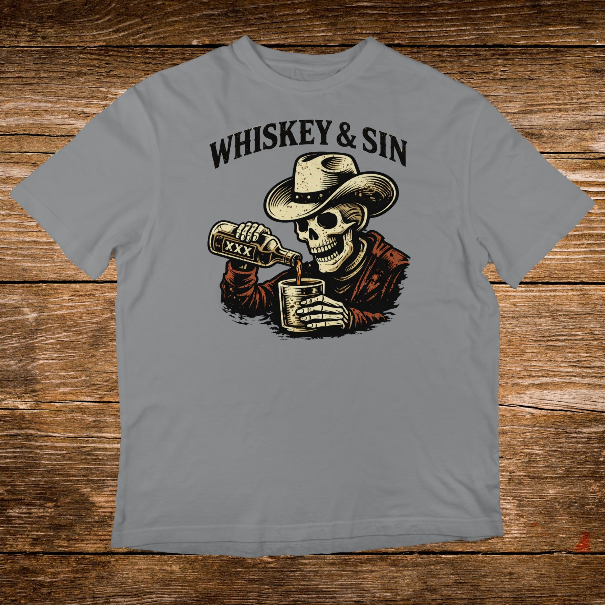 Skeleton in cowboy hat pouring whiskey into a glass, text "WHISKEY & SIN".