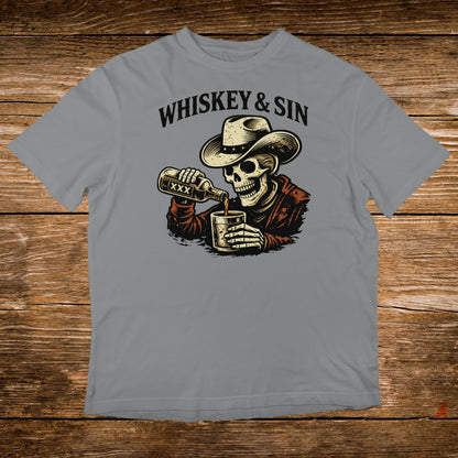 Skeleton in cowboy hat pouring whiskey into a glass, text "WHISKEY & SIN".