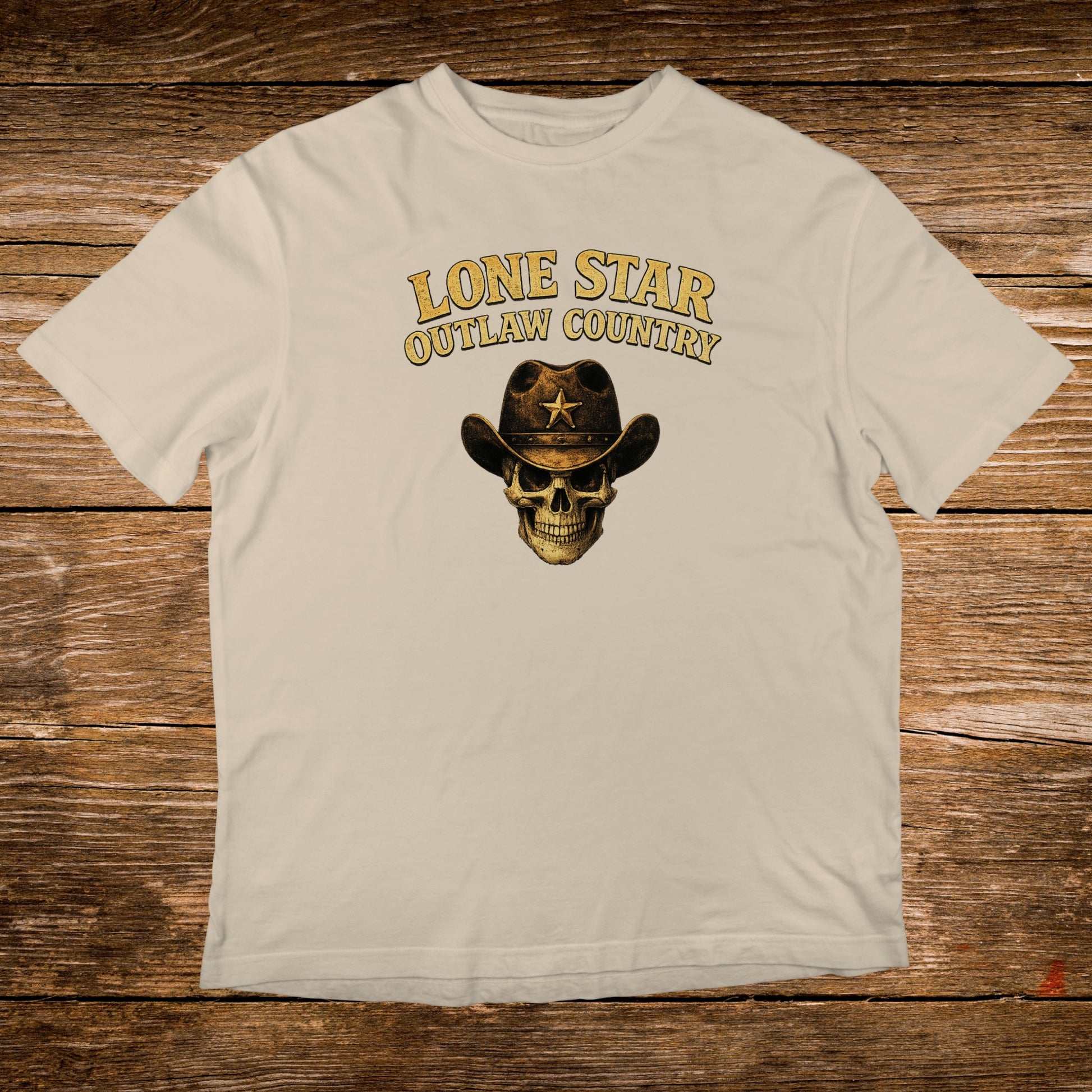 Cream t-shirt with a skull wearing a cowboy hat and "Lone Star Outlaw Country" text.