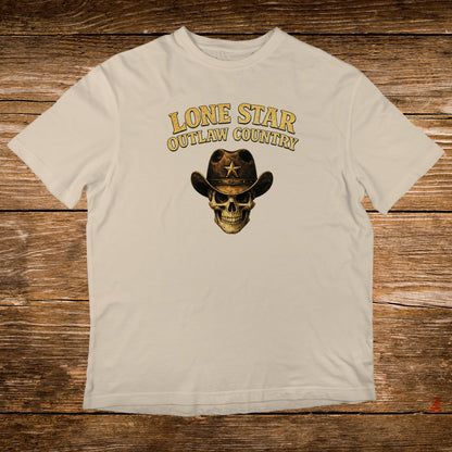 Cream t-shirt with a skull wearing a cowboy hat and "Lone Star Outlaw Country" text.