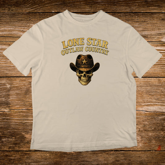 Cream t-shirt with a skull wearing a cowboy hat and "Lone Star Outlaw Country" text.