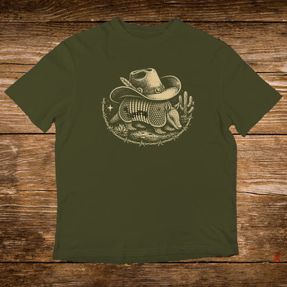 Olive green t-shirt with distressed armadillo and cowboy hat graphic.