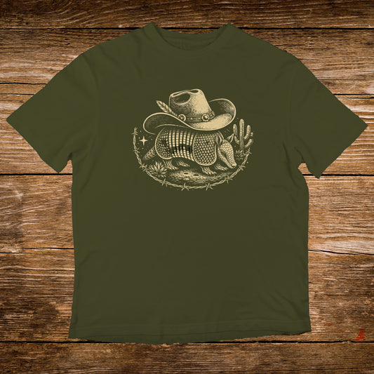 Olive green t-shirt with distressed armadillo and cowboy hat graphic.