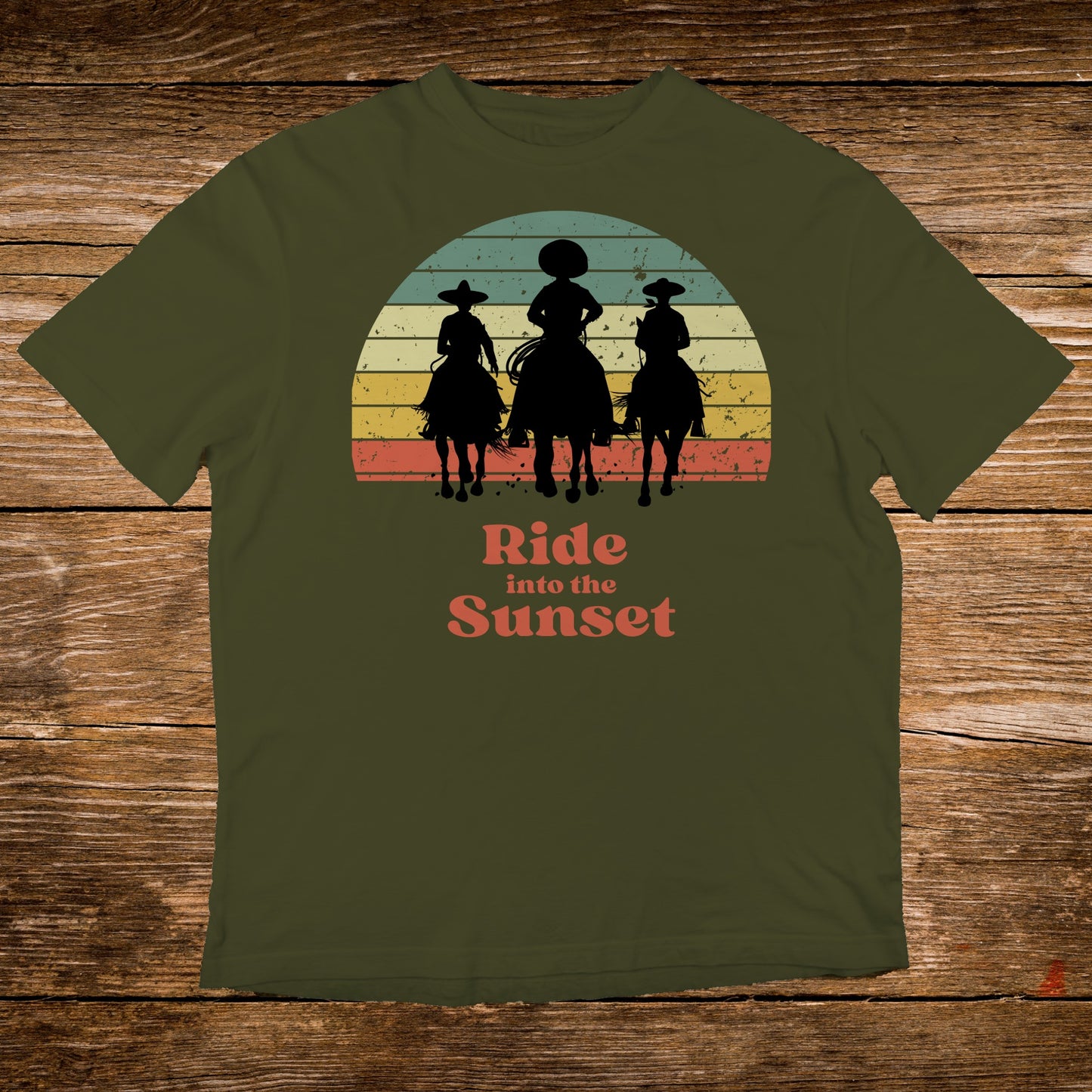 Three cowboys silhouetted against a vintage sunset, with "Ride into the Sunset" text.