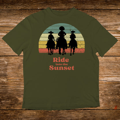 Three cowboys silhouetted against a vintage sunset, with "Ride into the Sunset" text.