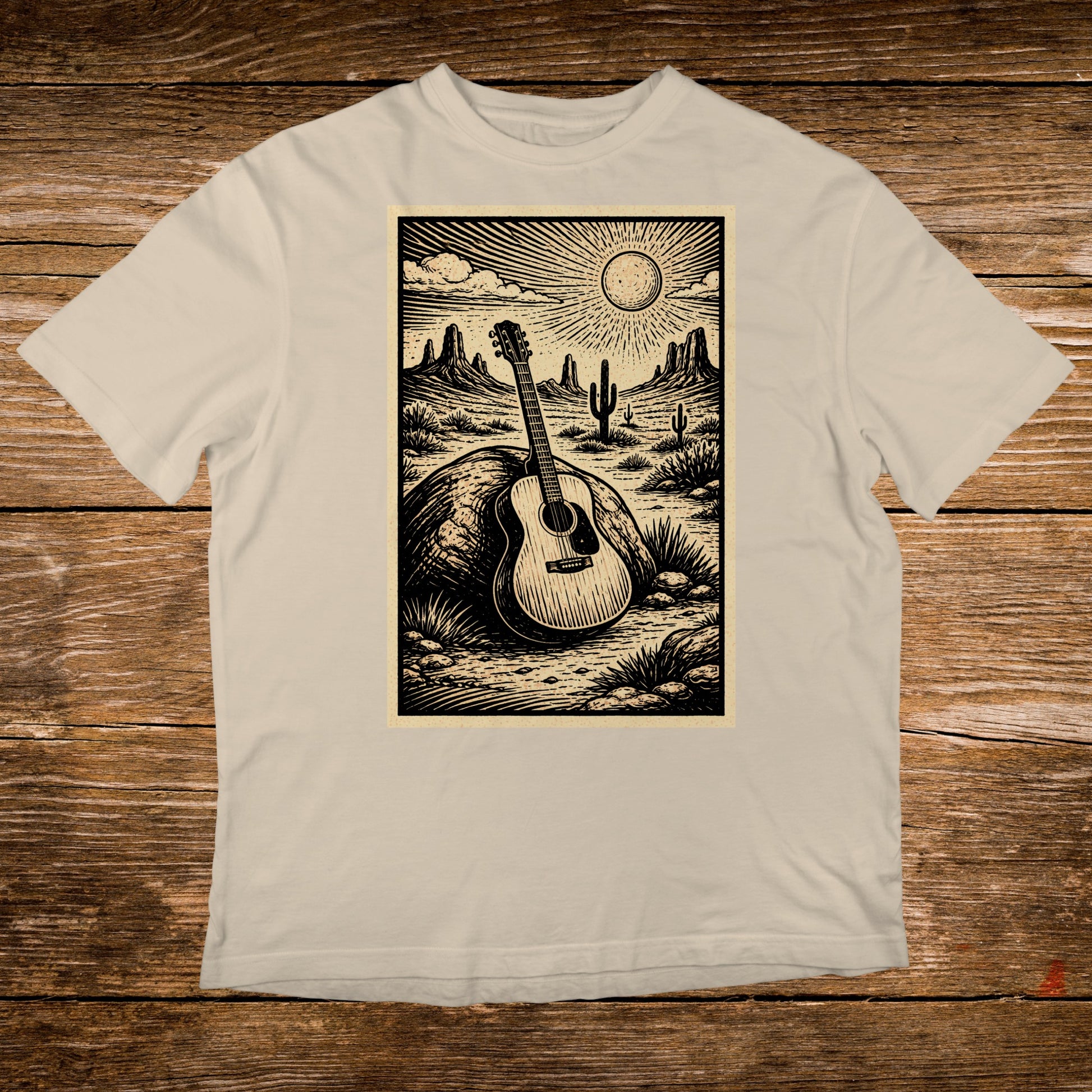 Acoustic guitar rests against a rock in a desert landscape with a sun.
