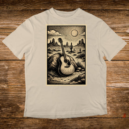 Acoustic guitar rests against a rock in a desert landscape with a sun.