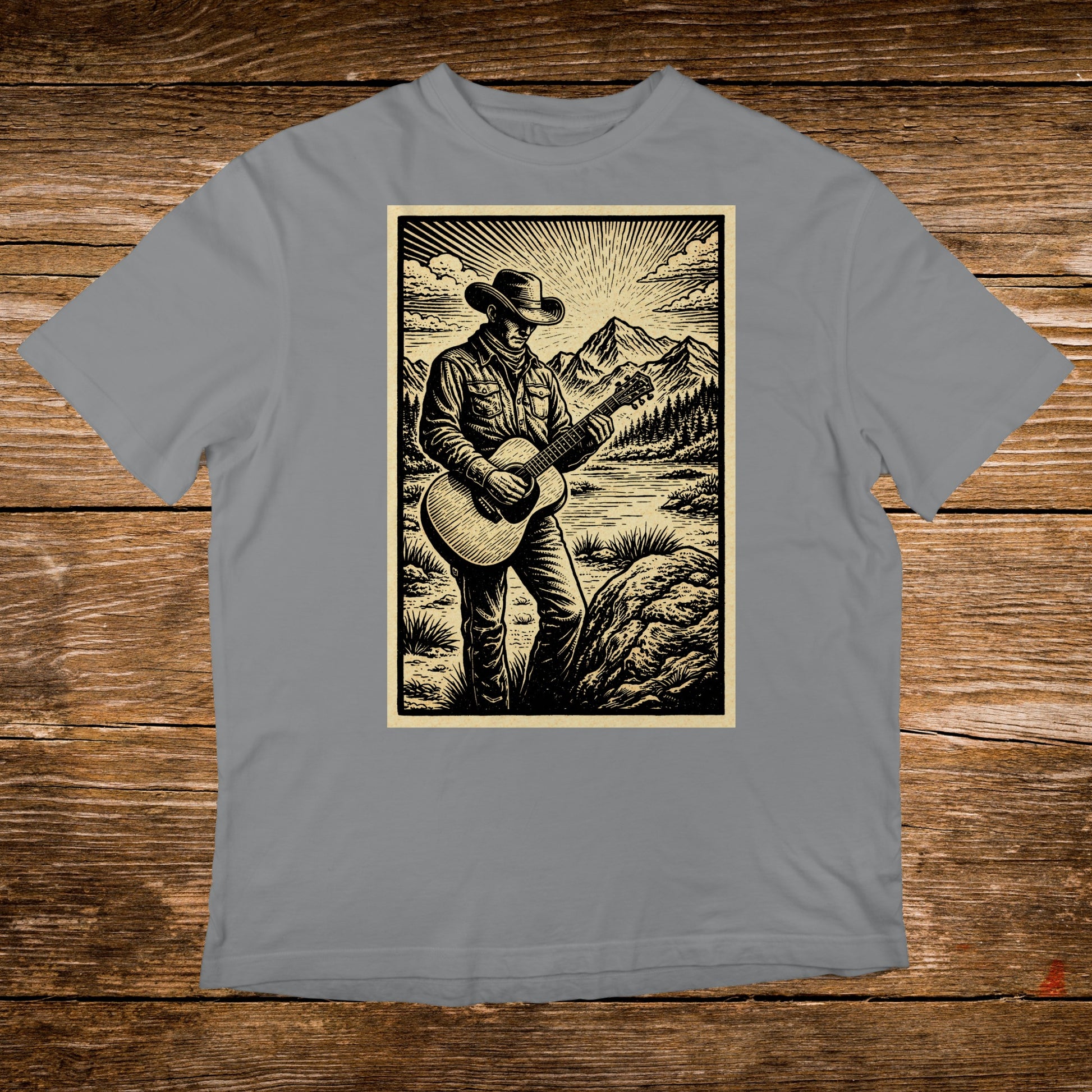 Cowboy playing guitar in a scenic landscape with mountains and a lake.