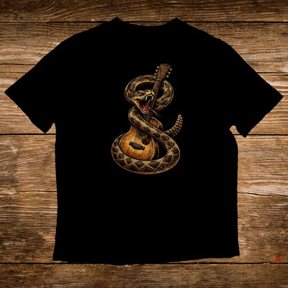 Rattlesnake coiled around a guitar on a black t-shirt.