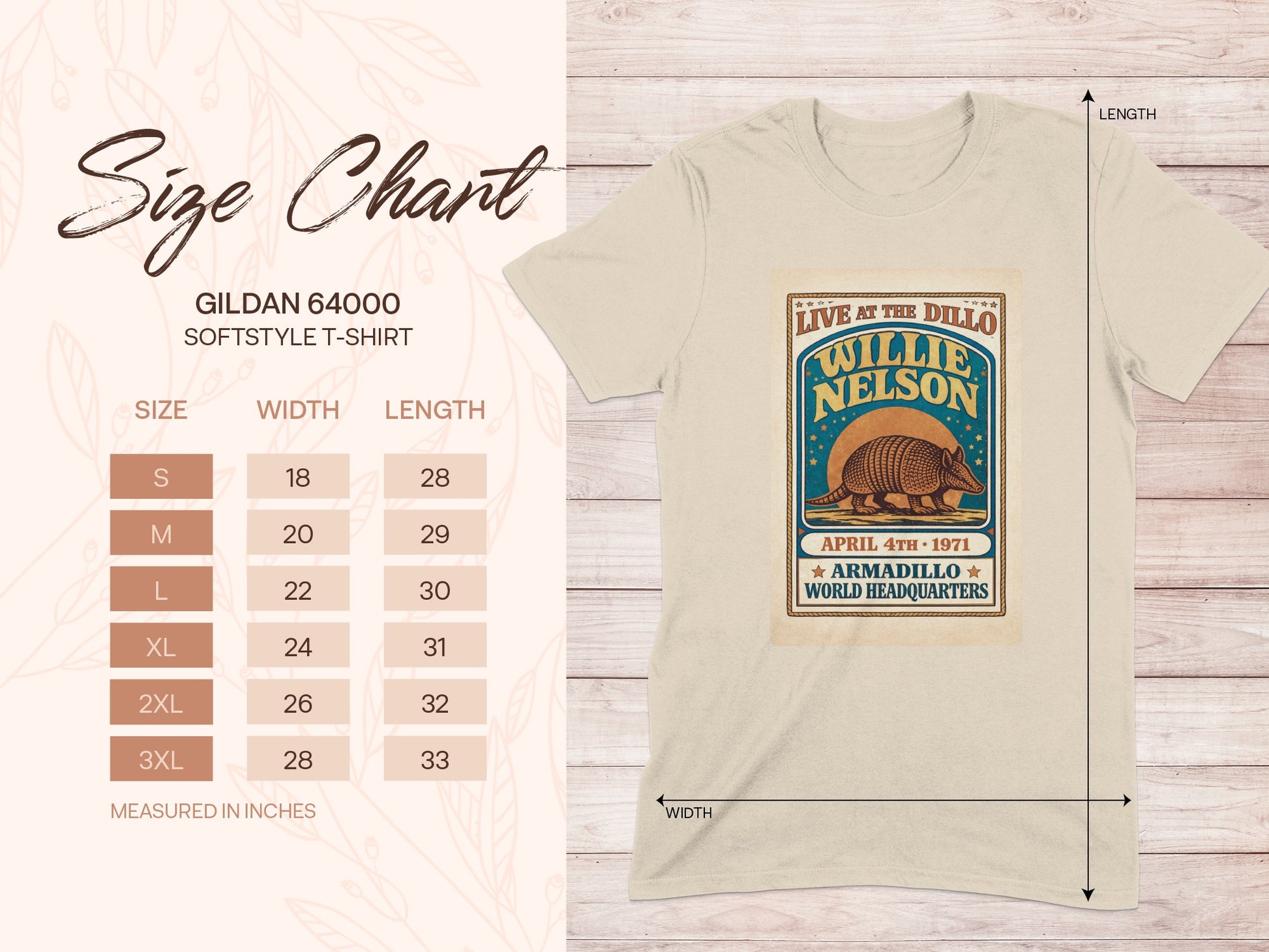 Willie Nelson concert graphic on a Gildan 64000 soft style t-shirt size chart.