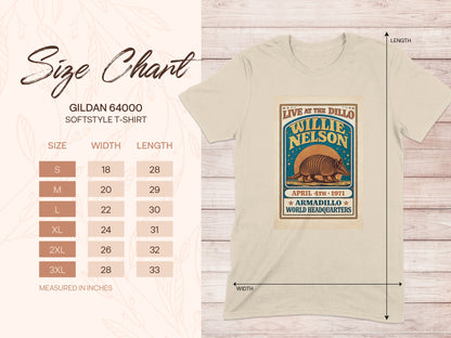 Willie Nelson concert graphic on a Gildan 64000 soft style t-shirt size chart.