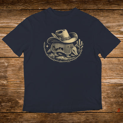 Navy t-shirt with a cowboy hat-wearing armadillo graphic and cacti.