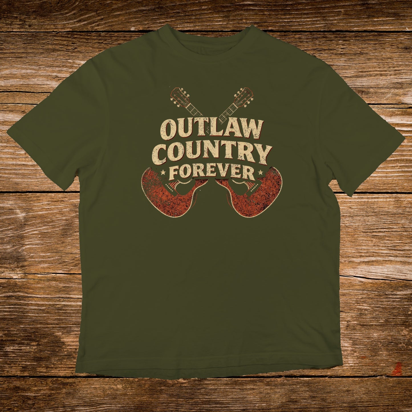 Olive green t-shirt with distressed "Outlaw Country Forever" text and crossed guitars.
