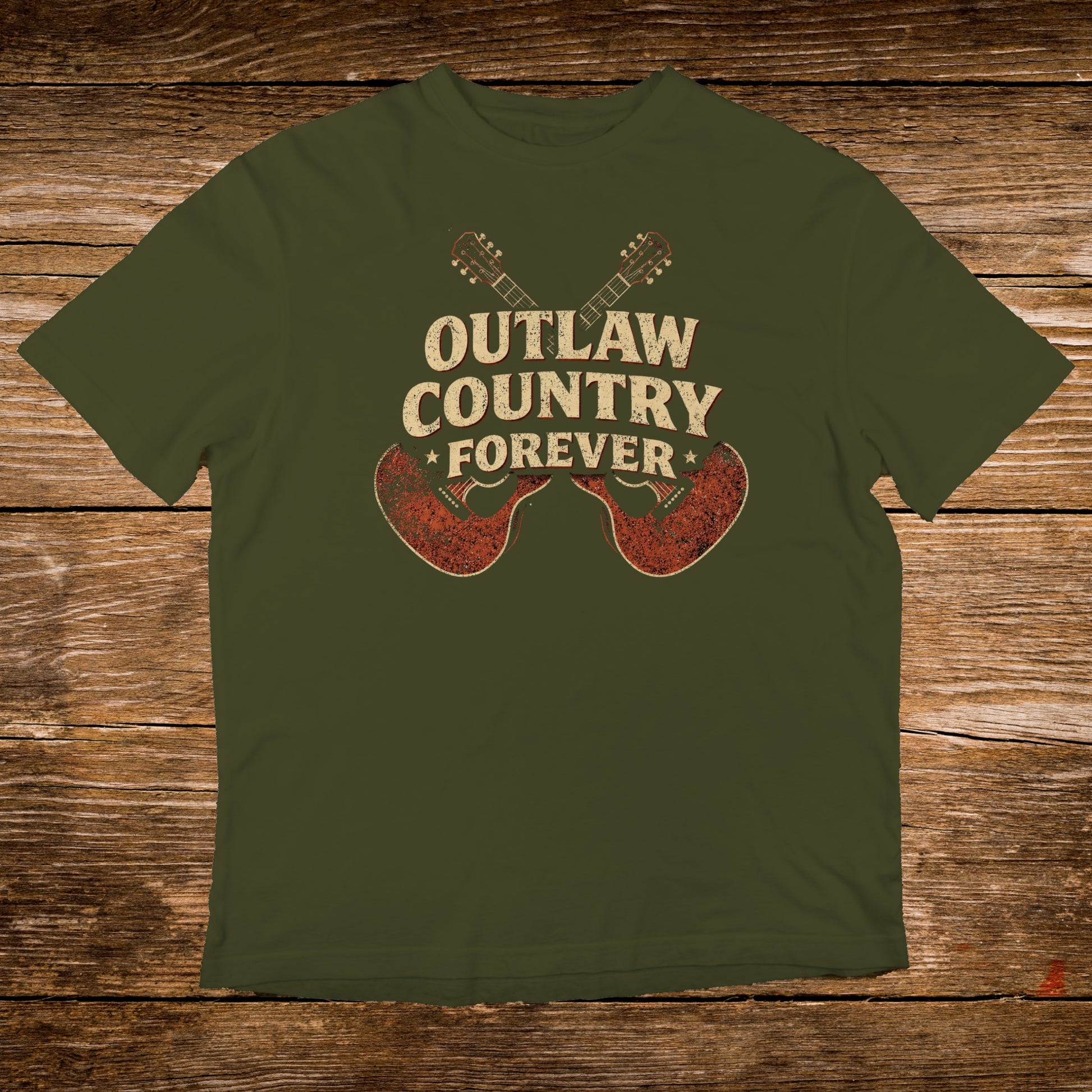 Olive green t-shirt with distressed "Outlaw Country Forever" text and crossed guitars.