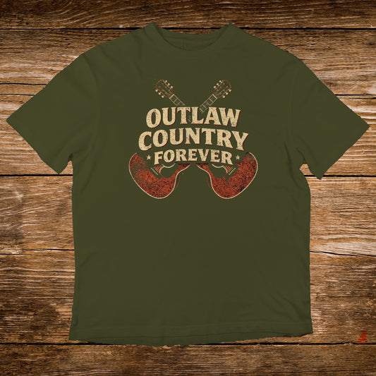 Olive green t-shirt with distressed "Outlaw Country Forever" text and crossed guitars.