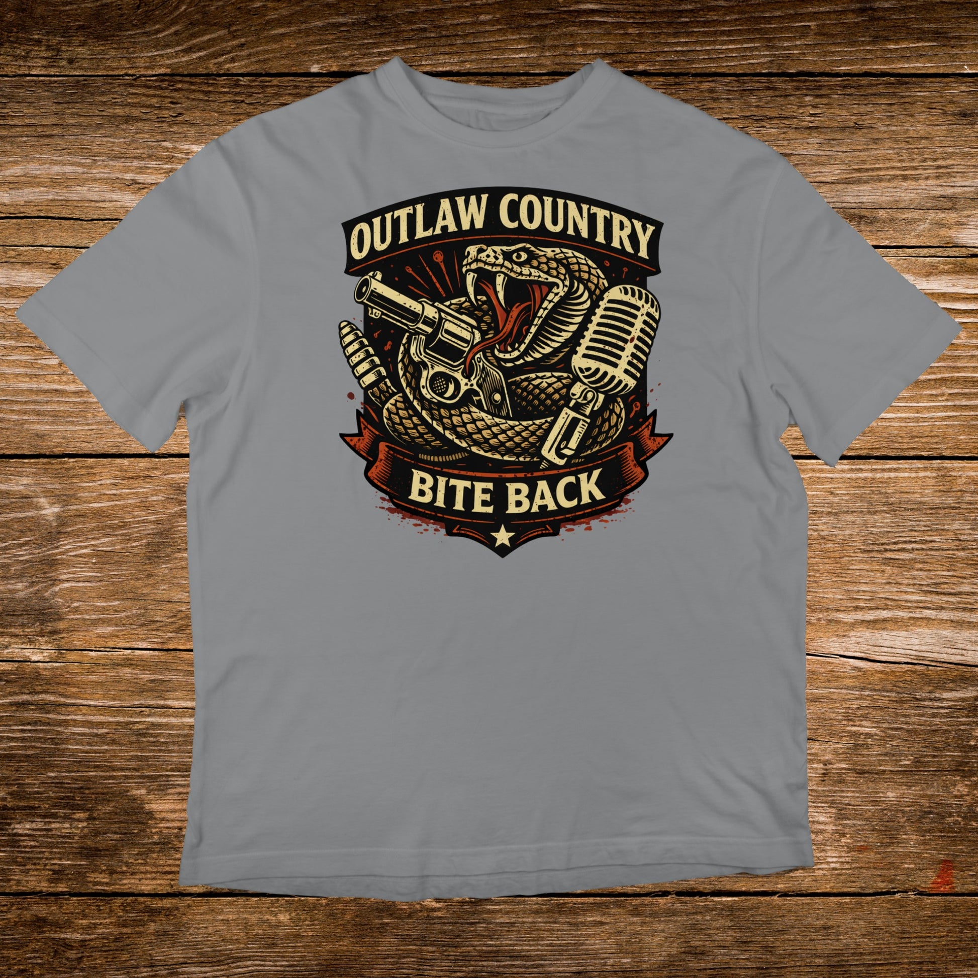 Outlaw Country Bite Back t-shirt with snake, gun, and microphone design.