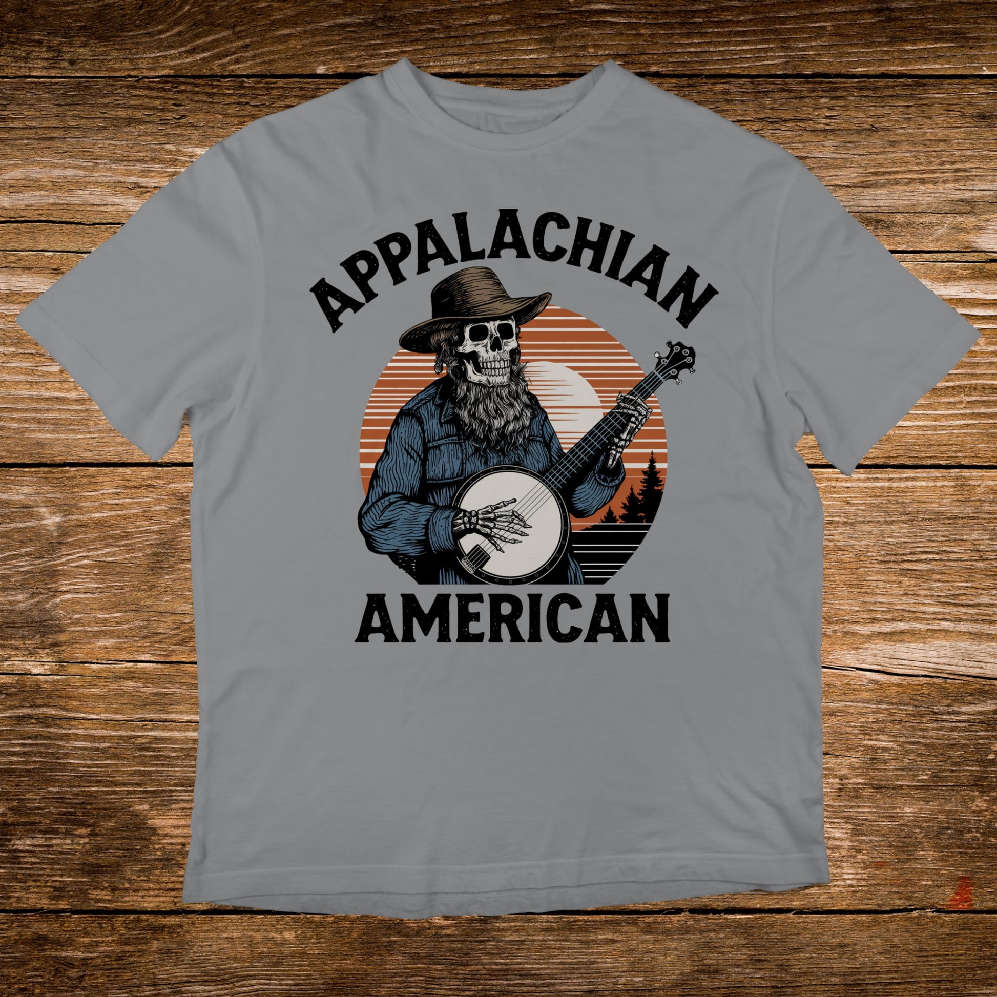 Skull in hat playing banjo with "APPALACHIAN AMERICAN" text.