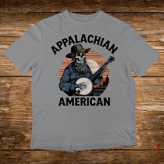 Skull in hat playing banjo with "APPALACHIAN AMERICAN" text.