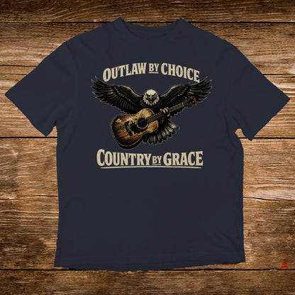 Navy t-shirt with eagle, guitar, and text "Outlaw by Choice, Country by Grace".