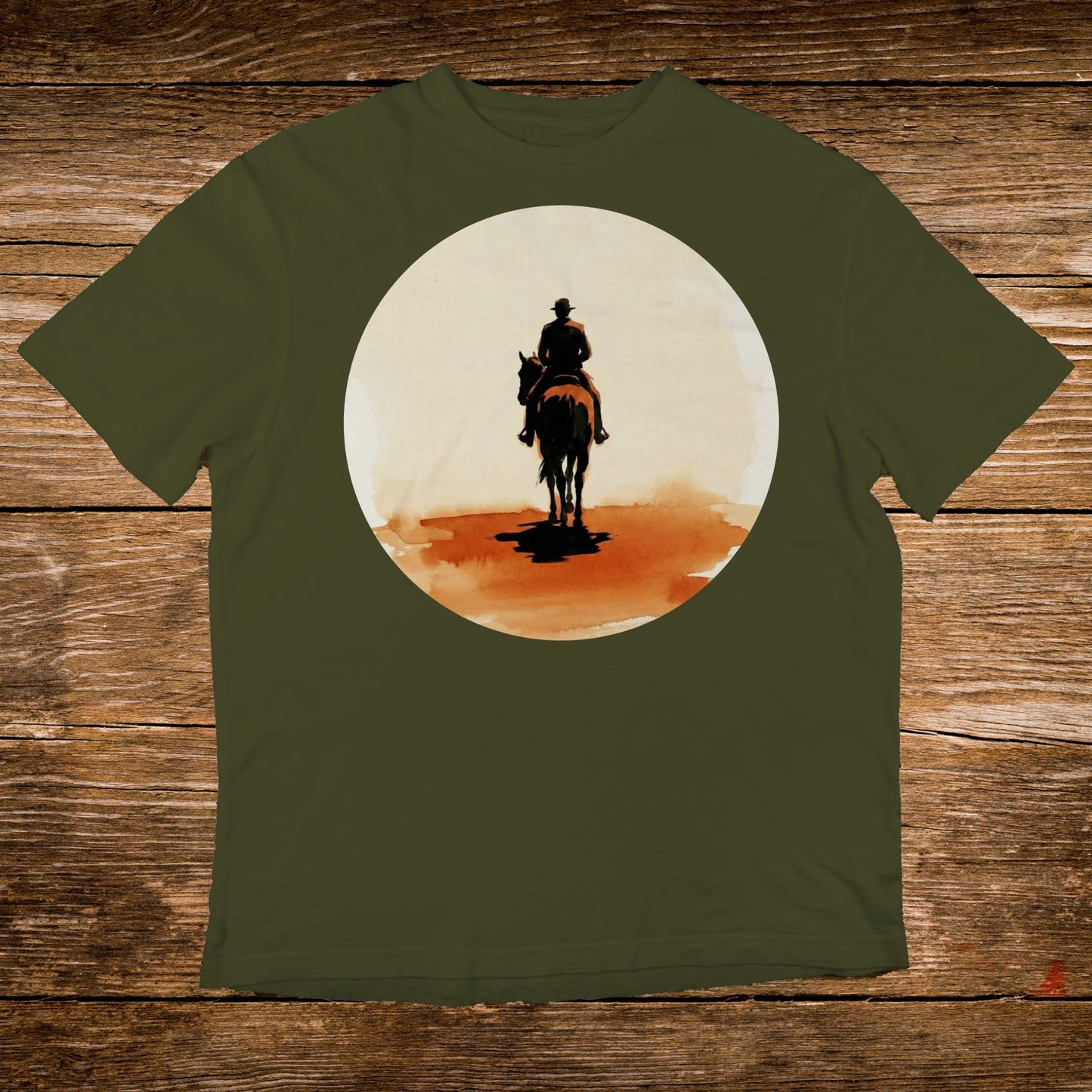 Silhouette of a person on horseback against a large circular, sunset-like background.