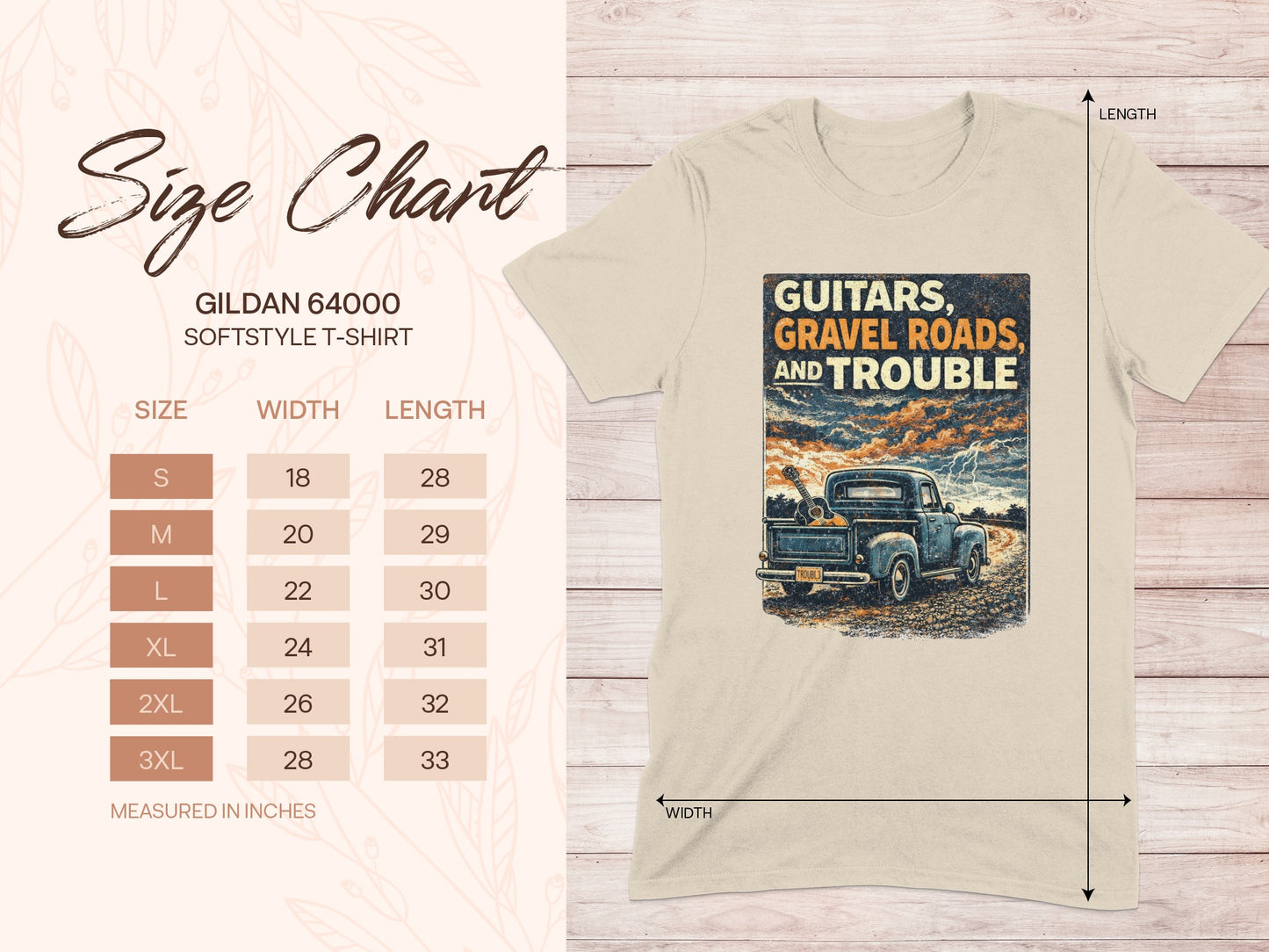 Gildan 64000 size chart with graphic of truck and text "Guitars, Gravel Roads, and Trouble."