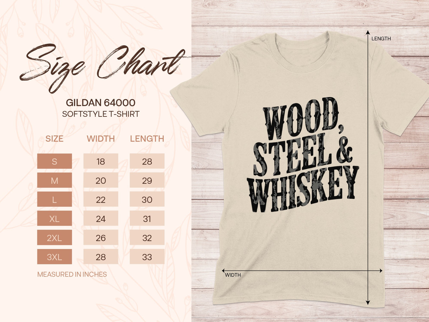 Gildan 64000 softstyle t-shirt size chart and "Wood, Steel & Whiskey" graphic.