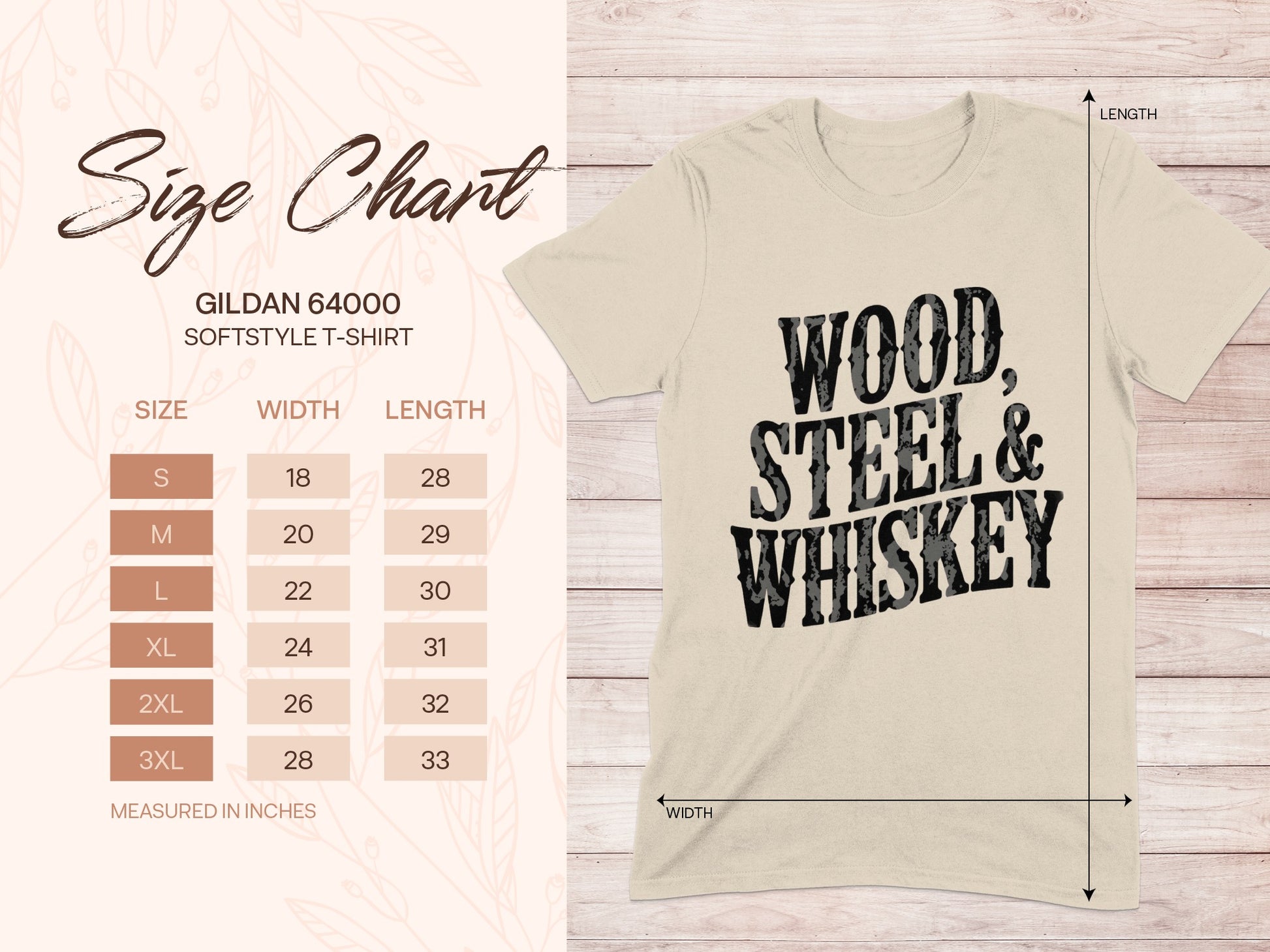 Gildan 64000 softstyle t-shirt size chart and "Wood, Steel & Whiskey" graphic.