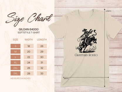 Gildan 64000 t-shirt size chart with measurements for size, width, and length.