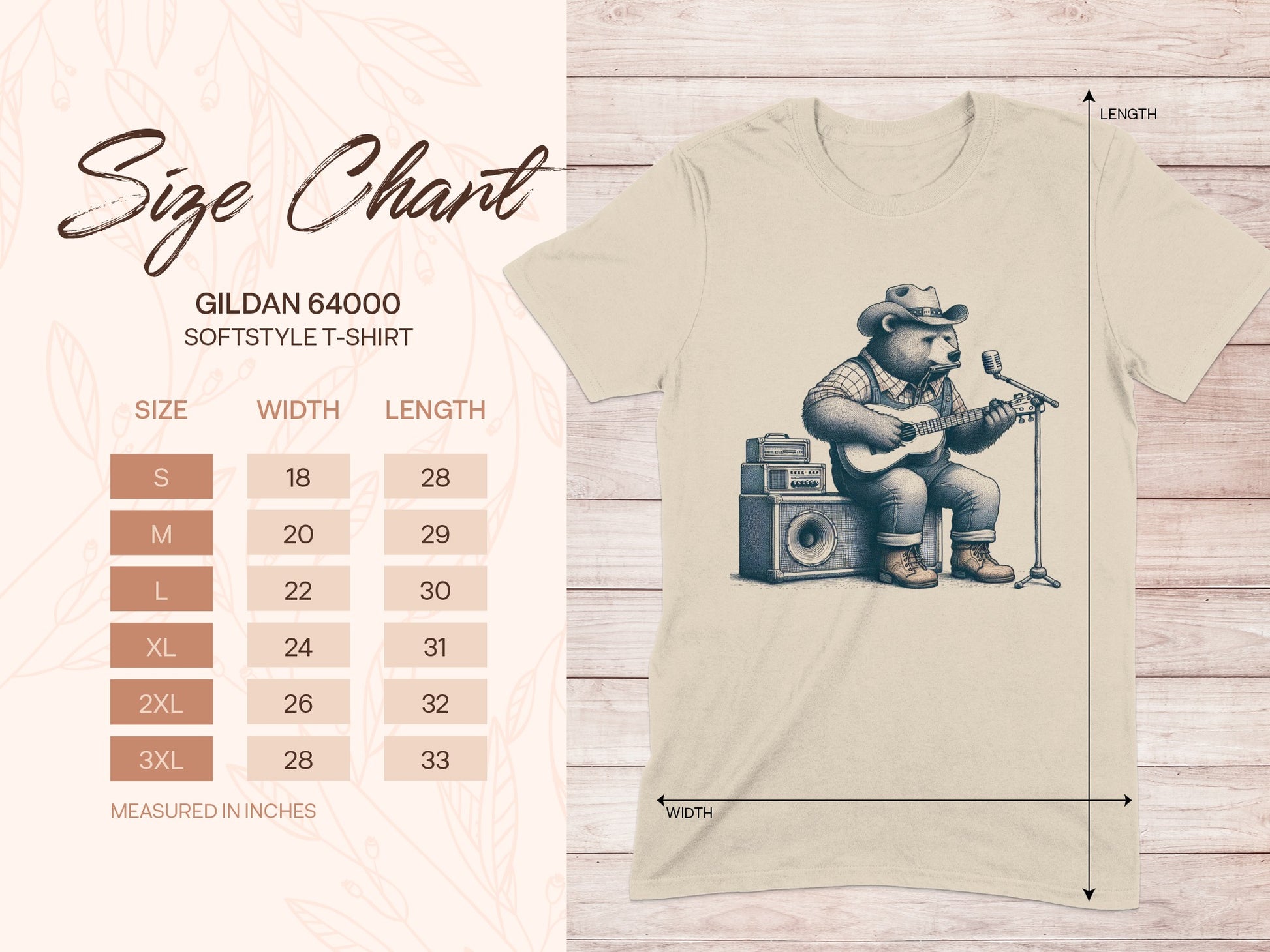 Gildan 64000 softstyle t-shirt size chart with bear playing guitar illustration.