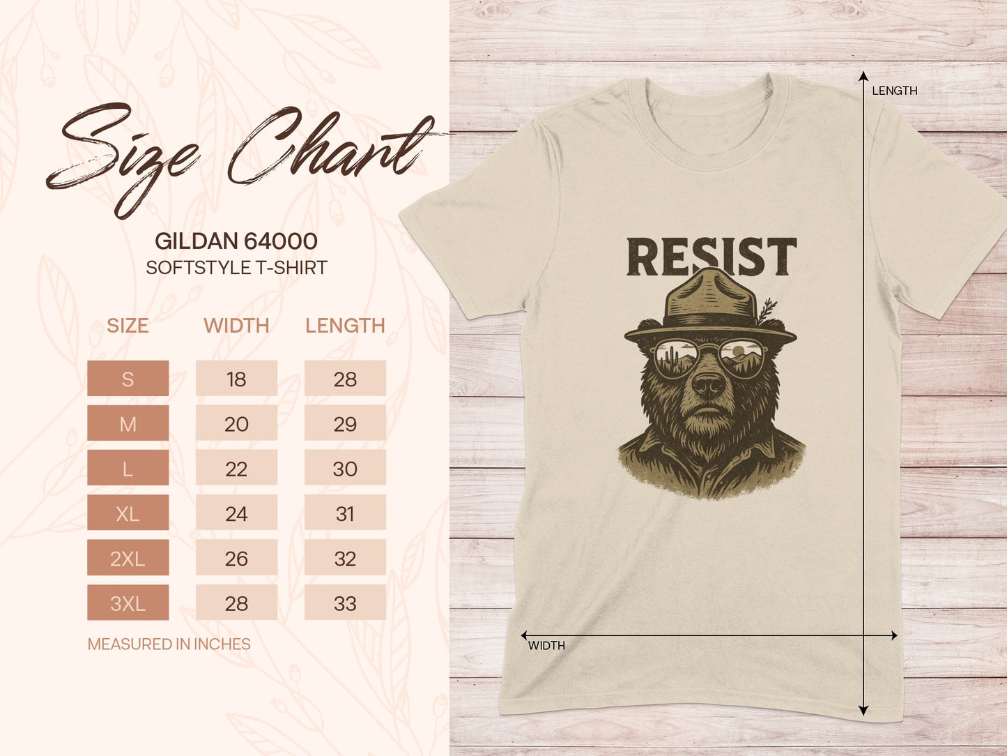 Gildan 64000 T-shirt size chart with bear graphic and "RESIST" text.
