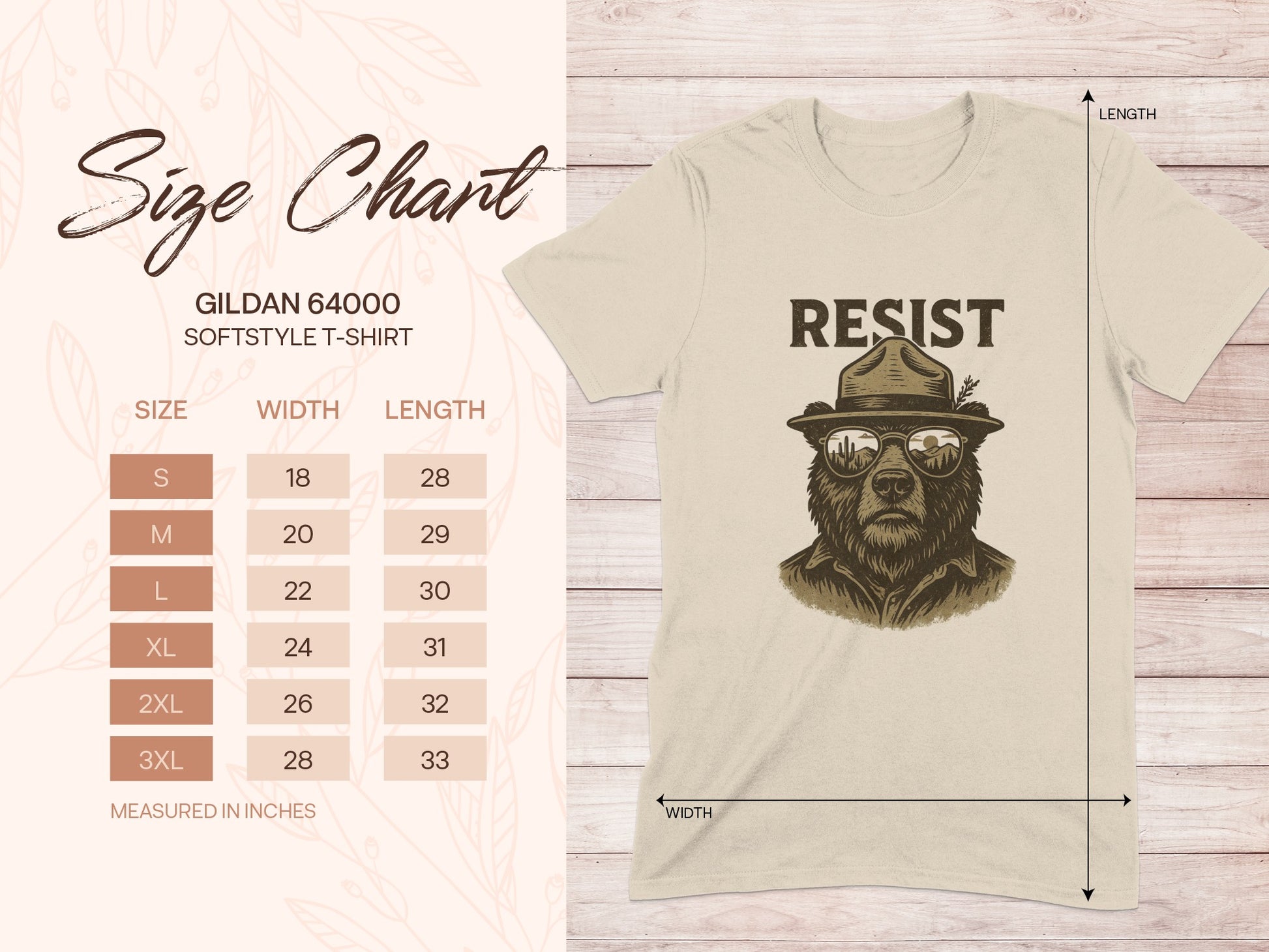 Gildan 64000 T-shirt size chart with bear graphic and "RESIST" text.