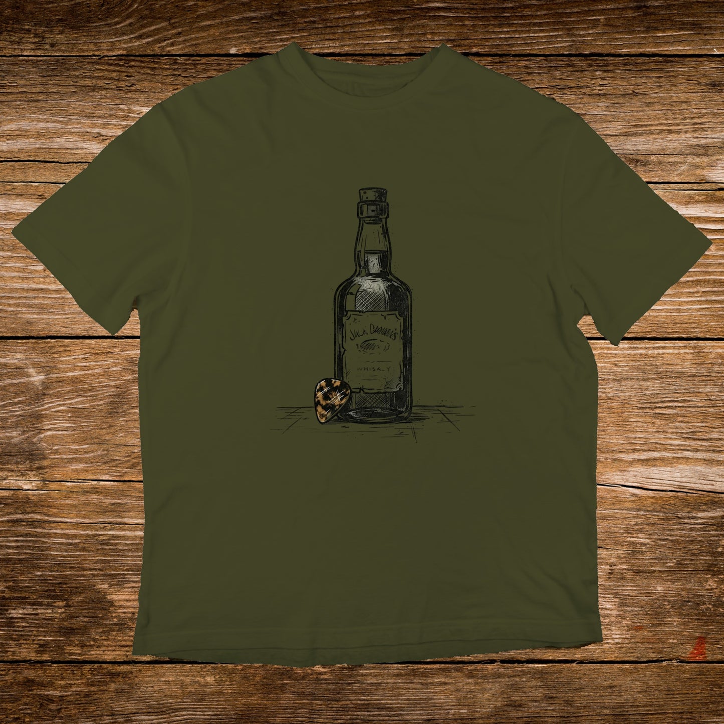 Olive green t-shirt with a sketch of a Jack Daniel's bottle and guitar pick.