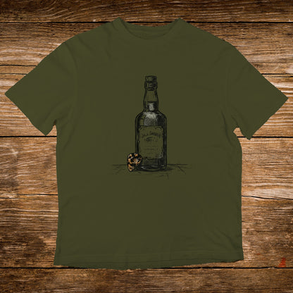 Olive green t-shirt with a sketch of a Jack Daniel's bottle and guitar pick.