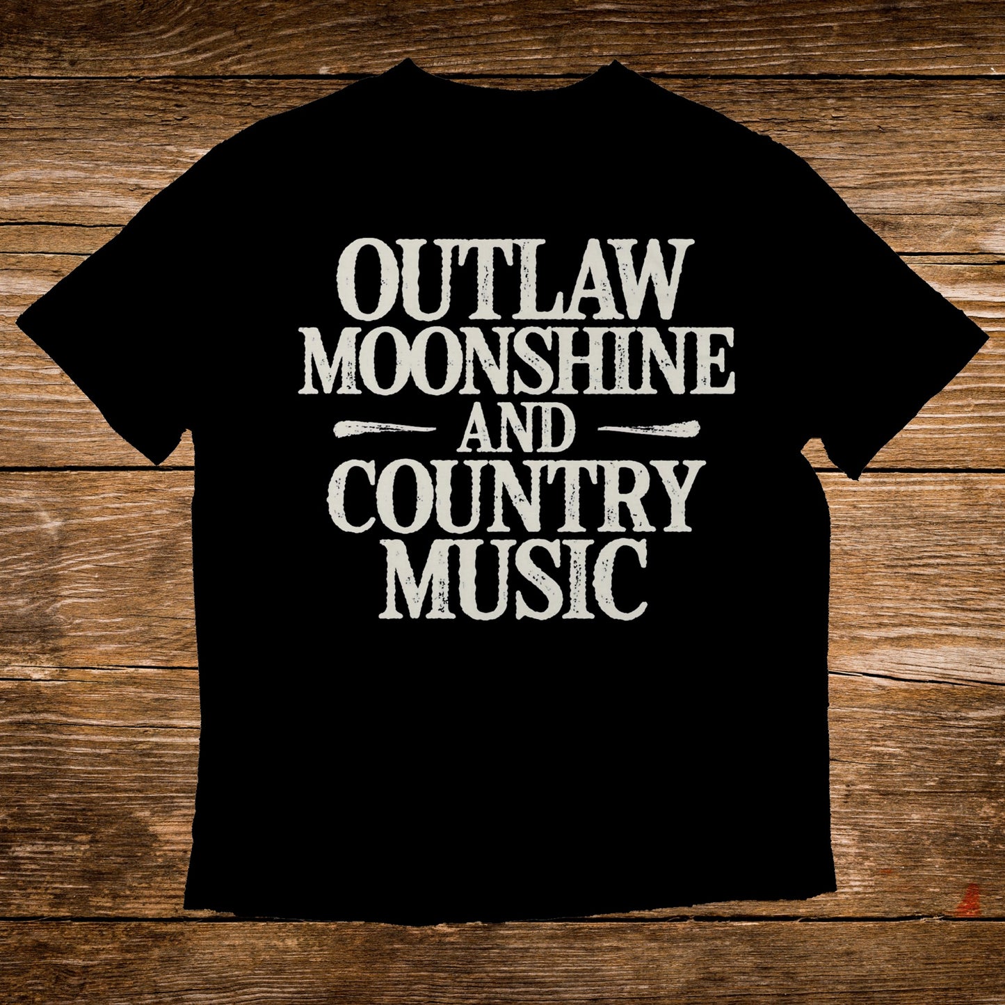 Black t-shirt with white text "Outlaw Moonshine and Country Music".