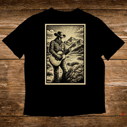 Black t-shirt featuring illustration of cowboy playing guitar in scenic mountain landscape.