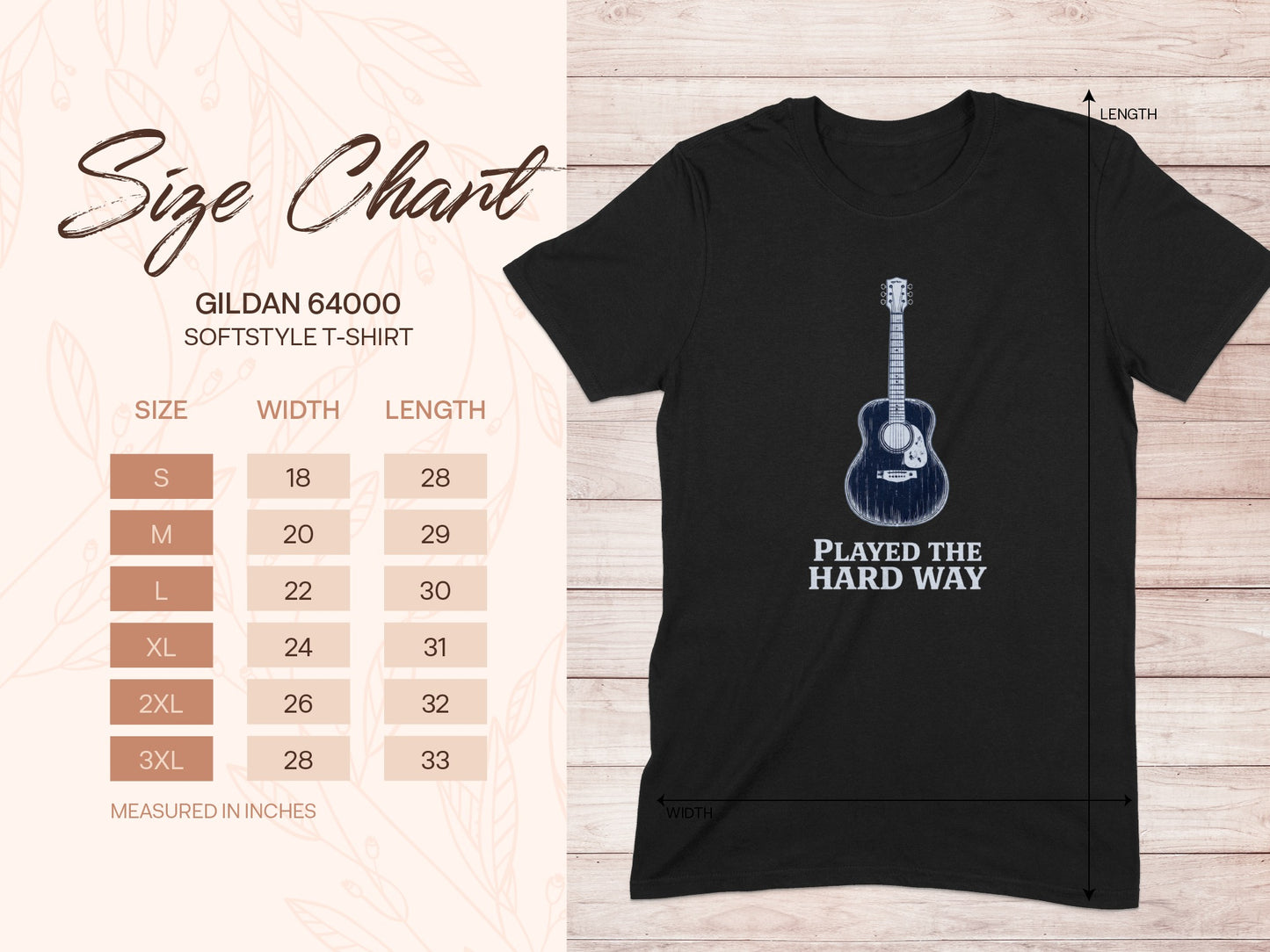 Gildan 64000 size chart for a t-shirt with guitar graphic.