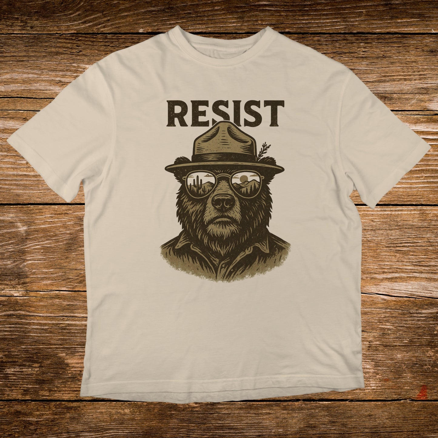 Resist Bear Wearing Hat and Sunglasses Graphic T-Shirt