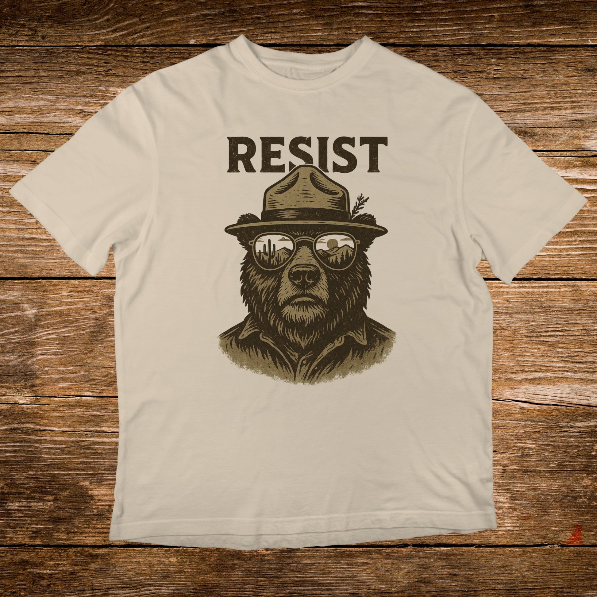 Resist Bear Wearing Hat and Sunglasses Graphic T-Shirt