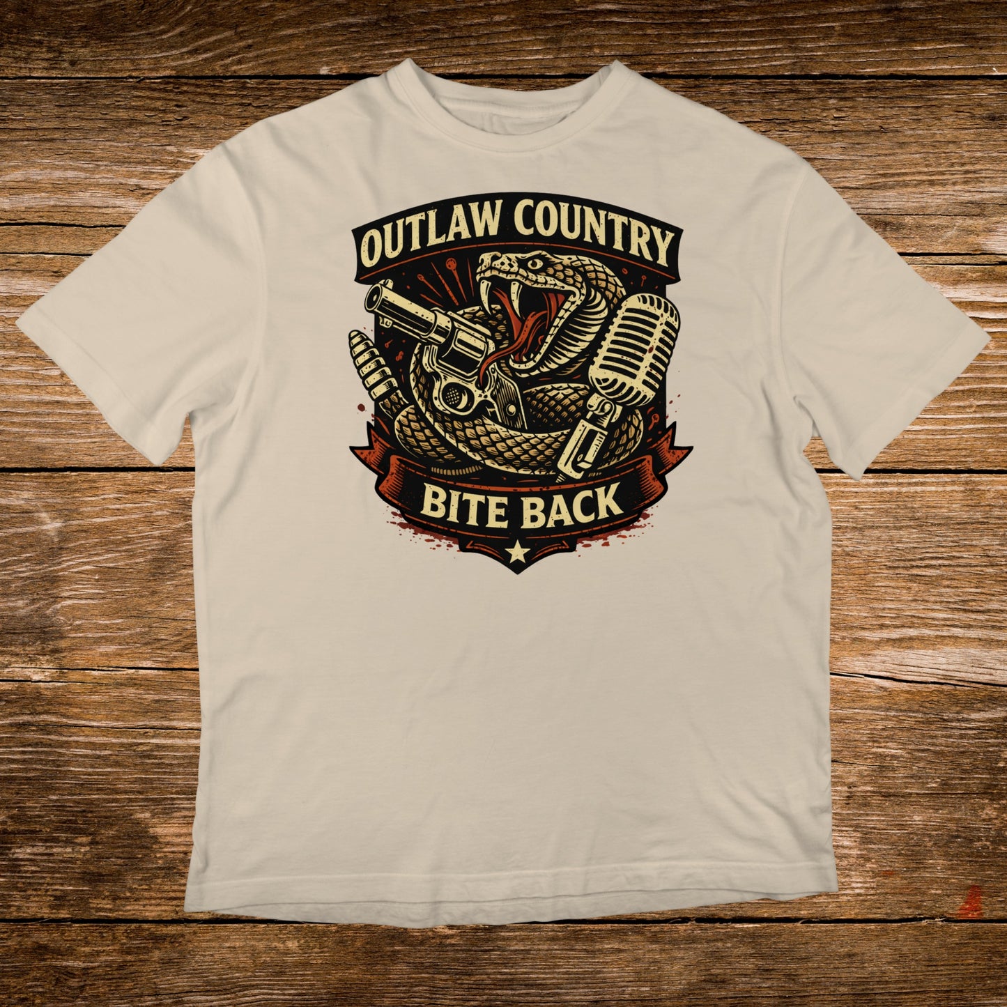 Outlaw Country Bite Back graphic with snake, gun, and microphone.