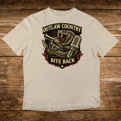 Outlaw Country Bite Back graphic with snake, gun, and microphone.