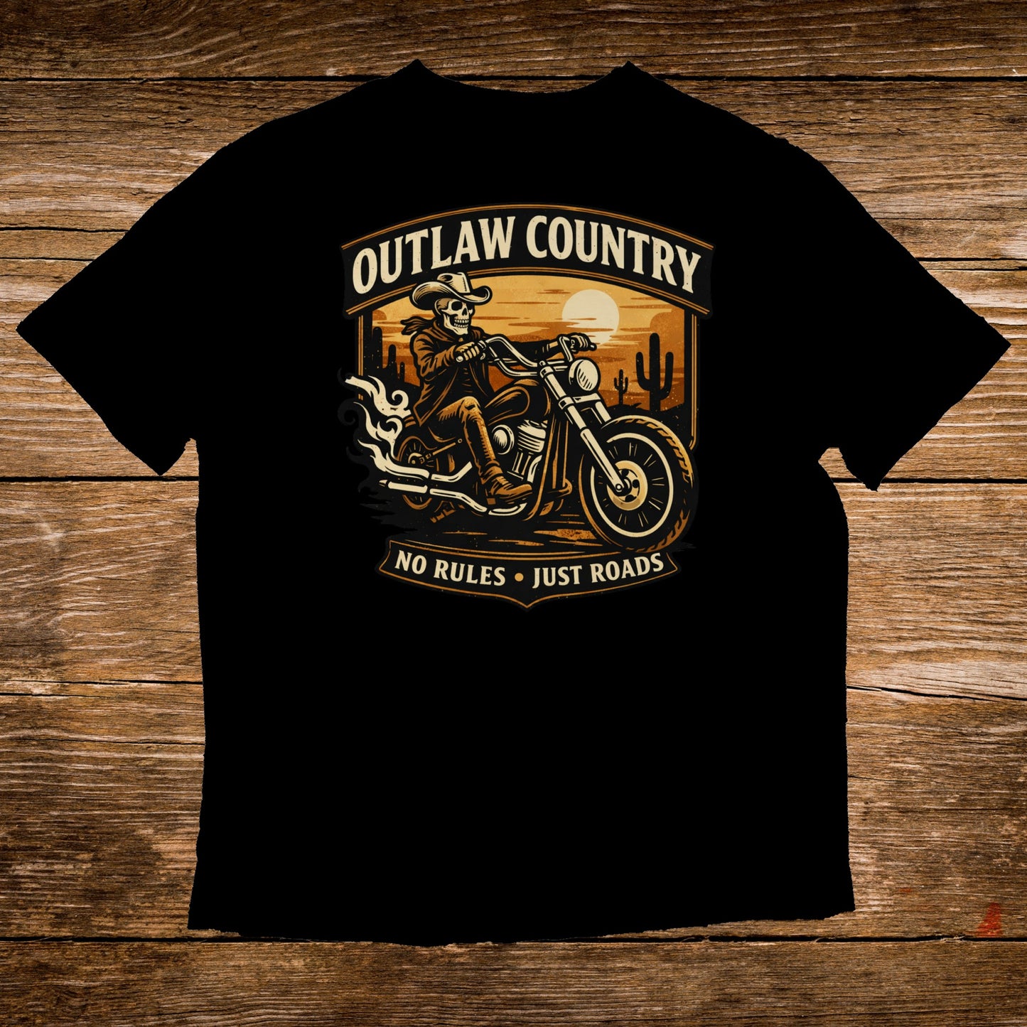 Black t-shirt with "Outlaw Country" motorcycle graphic and text.
