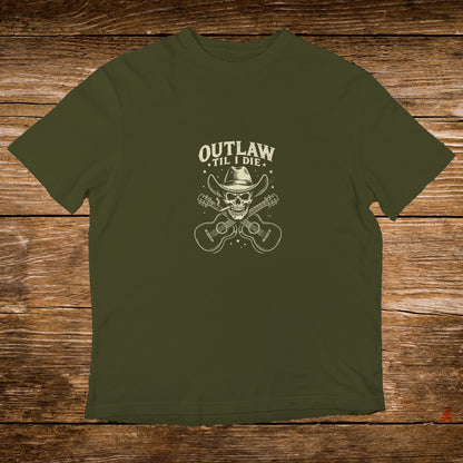 Olive green t-shirt with skull, guitars, and "Outlaw Til I Die" text.