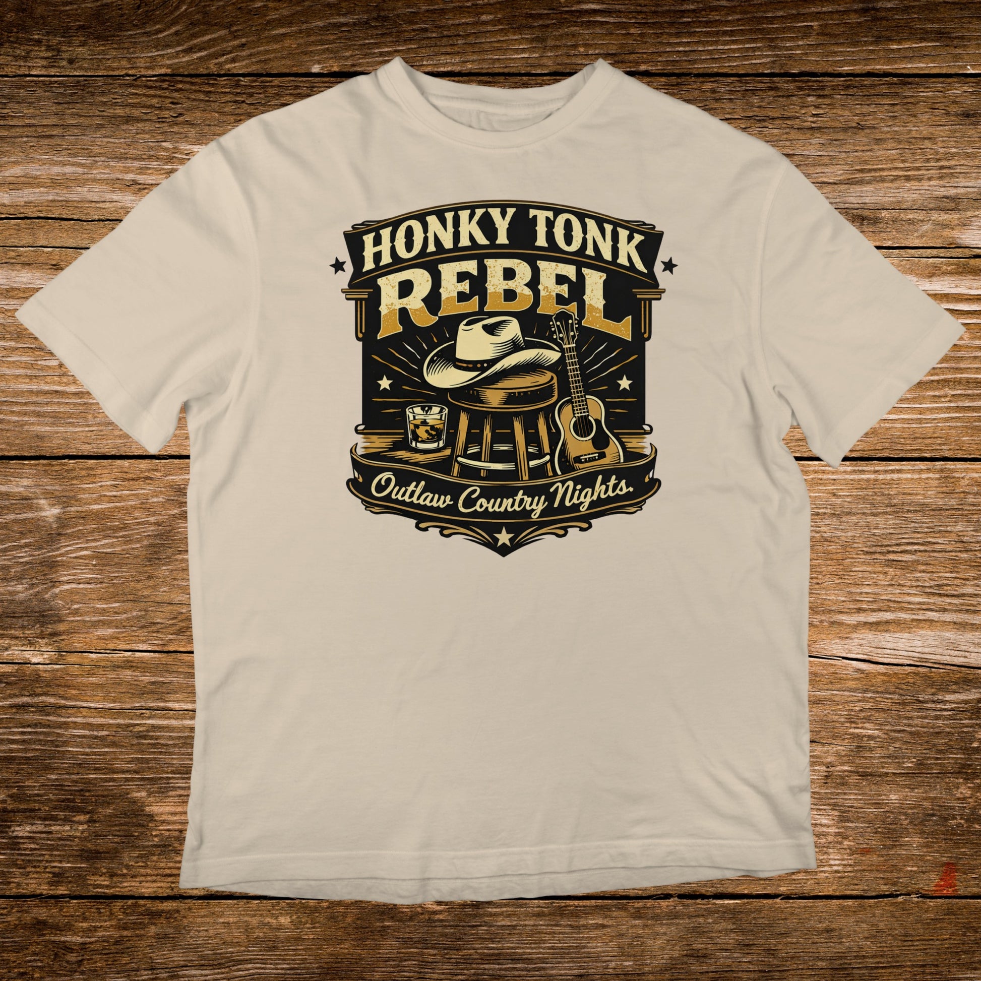 Honky Tonk Rebel outlaw country nights graphic tee with guitar and whiskey.