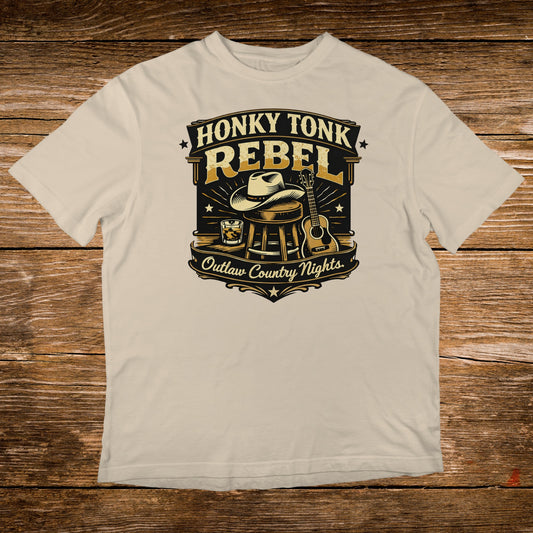Honky Tonk Rebel outlaw country nights graphic tee with guitar and whiskey.