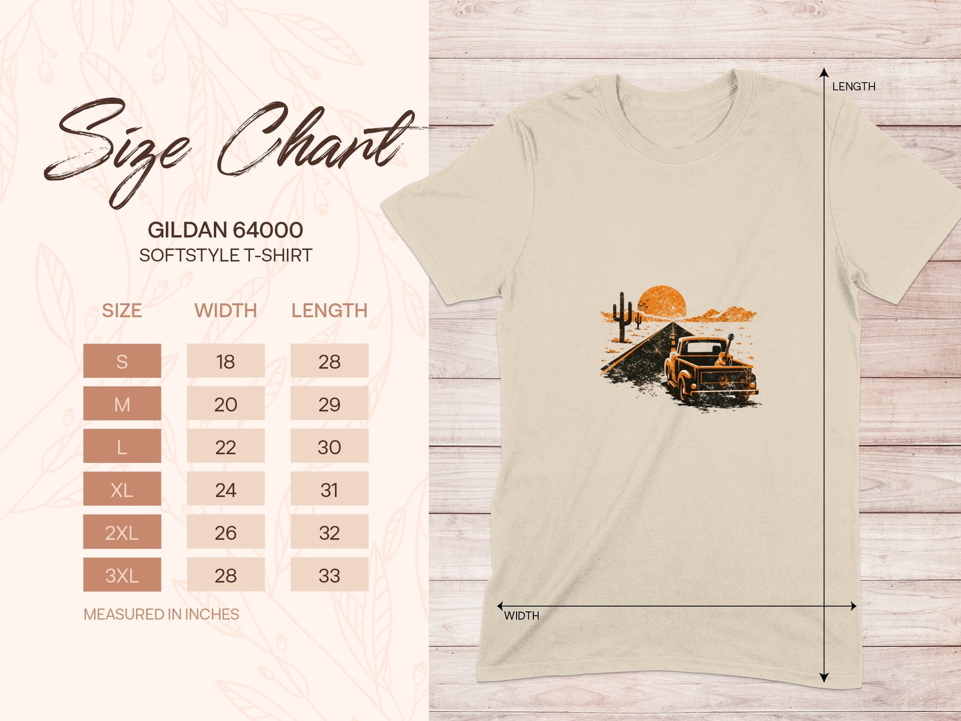 Gildan 64000 Softstyle T-shirt size chart with desert truck graphic.