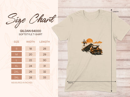 Gildan 64000 Softstyle T-shirt size chart with desert truck graphic.
