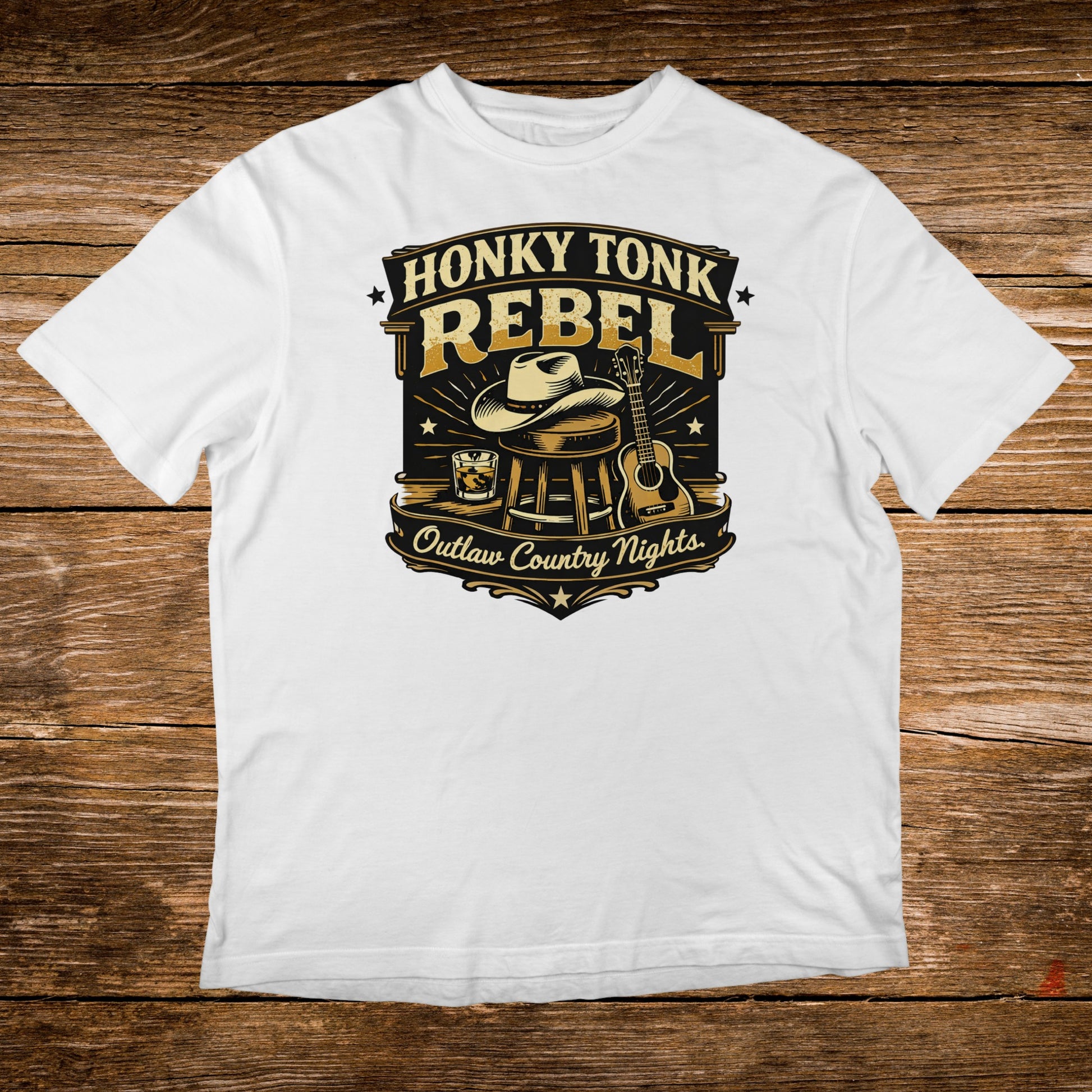 White t-shirt with "Honky Tonk Rebel Outlaw Country Nights" text and Western graphics.