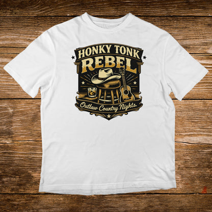 White t-shirt with "Honky Tonk Rebel Outlaw Country Nights" text and Western graphics.